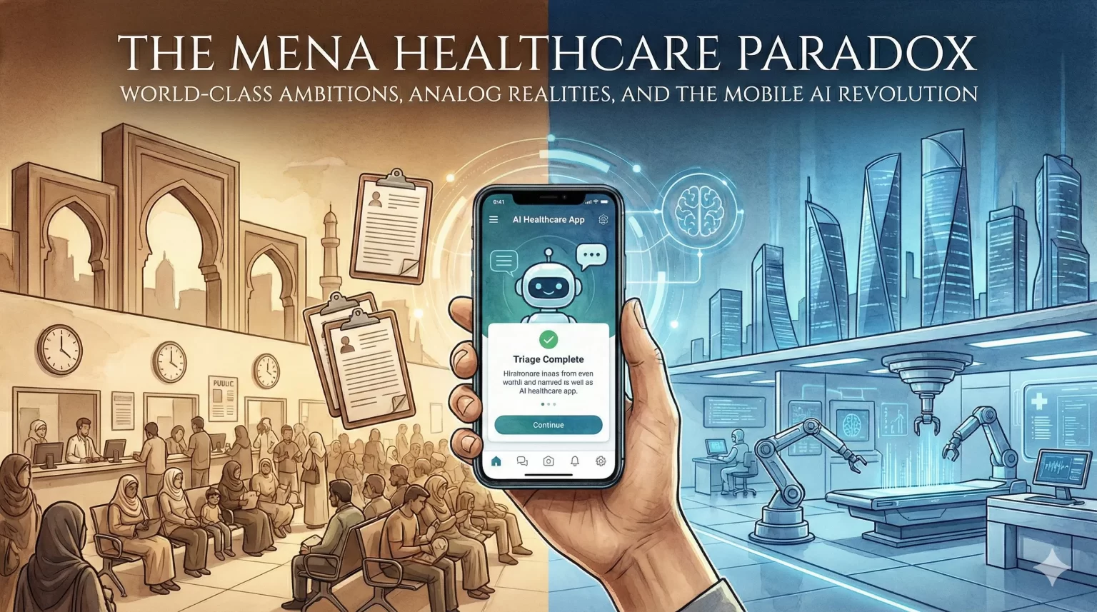 Illustration of the MENA Healthcare Paradox showing the contrast between traditional waiting rooms and modern Mobile AI healthcare.