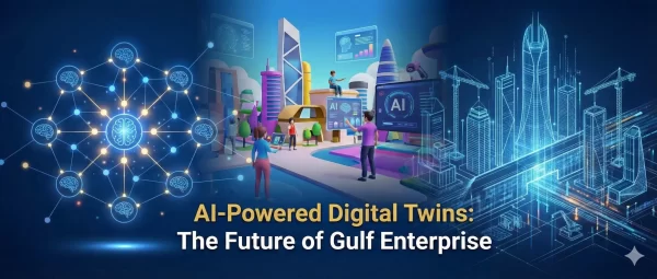 ai-digital-twins-gulf-enterprise-featured Futuristic visualization of AI Digital Twins connecting neural networks with Gulf enterprise skylines and 3D simulation data.