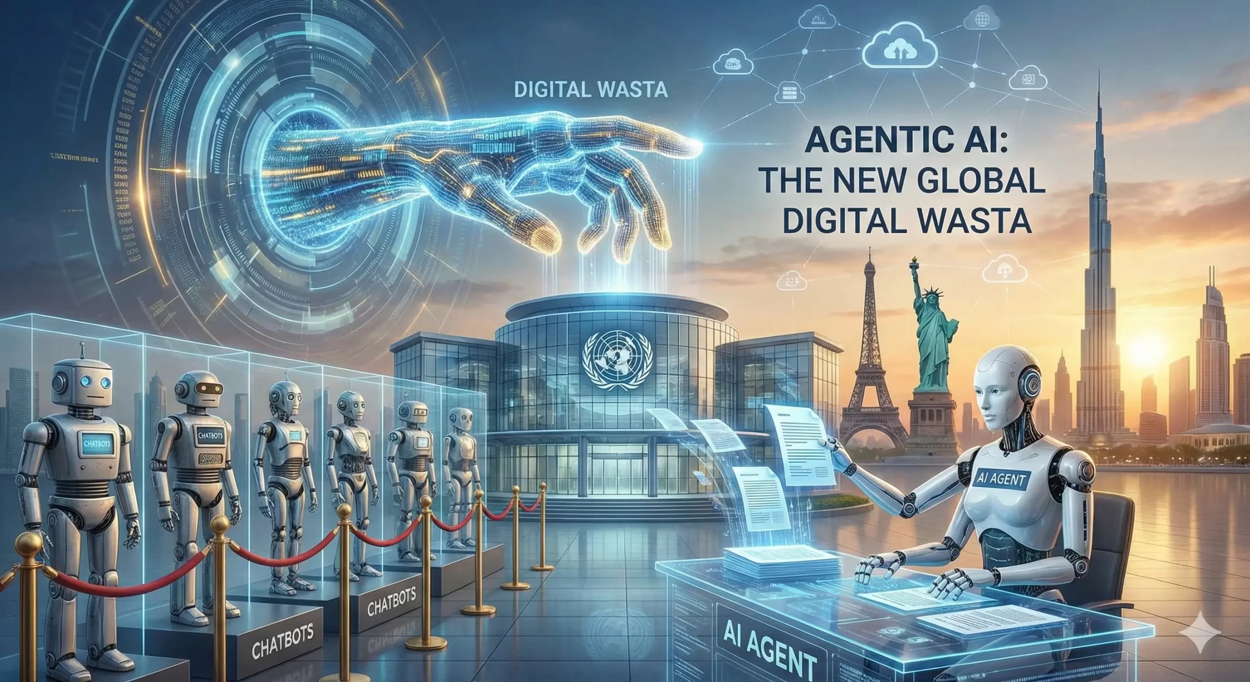 Home 20 A realistic, futuristic banner image depicting the Dubai skyline integrated with secure digital network nodes and a protection shield, representing the blog post Agentic AI Government Dubai. The visual symbolizes the transition to Sovereign AI, Zero Bureaucracy, and automated government services across the MENA region.