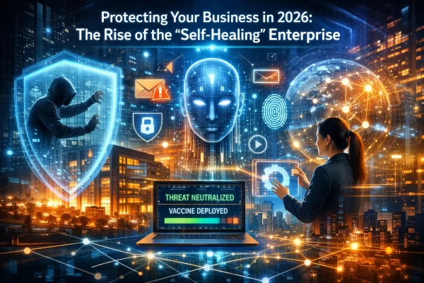 Protecting Your Business in 2026 – The Rise of the Self-Healing Enterprise AI-powered cybersecurity system protecting a business in 2026 with self-healing enterprise technology, digital shield blocking hacker, threat neutralized dashboard on laptop screen.