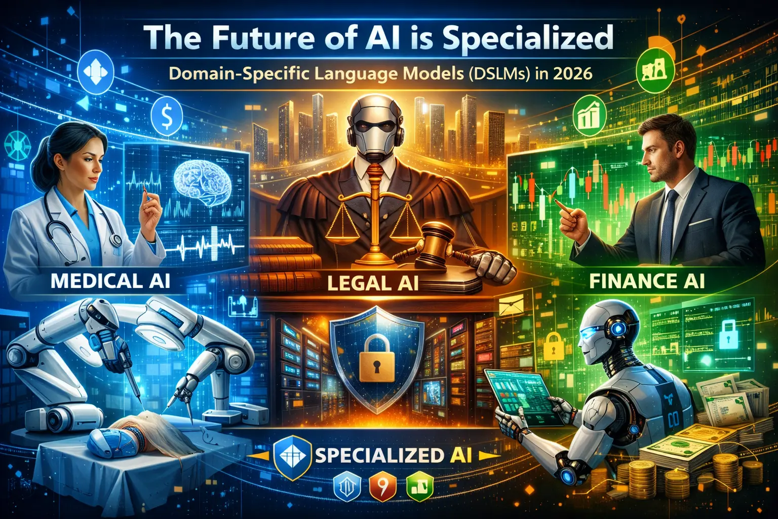 Home 19 Futuristic illustration representing Domain-Specific Language Models (DSLMs) in healthcare, legal, finance, and cybersecurity sectors, highlighting specialized AI systems for enterprise use in 2026.