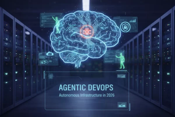 agentic devops new Futuristic banner for Unanimous Technologies featuring a holographic neural brain symbolizing Agentic DevOps and autonomous cloud infrastructure in a 2026 data center.