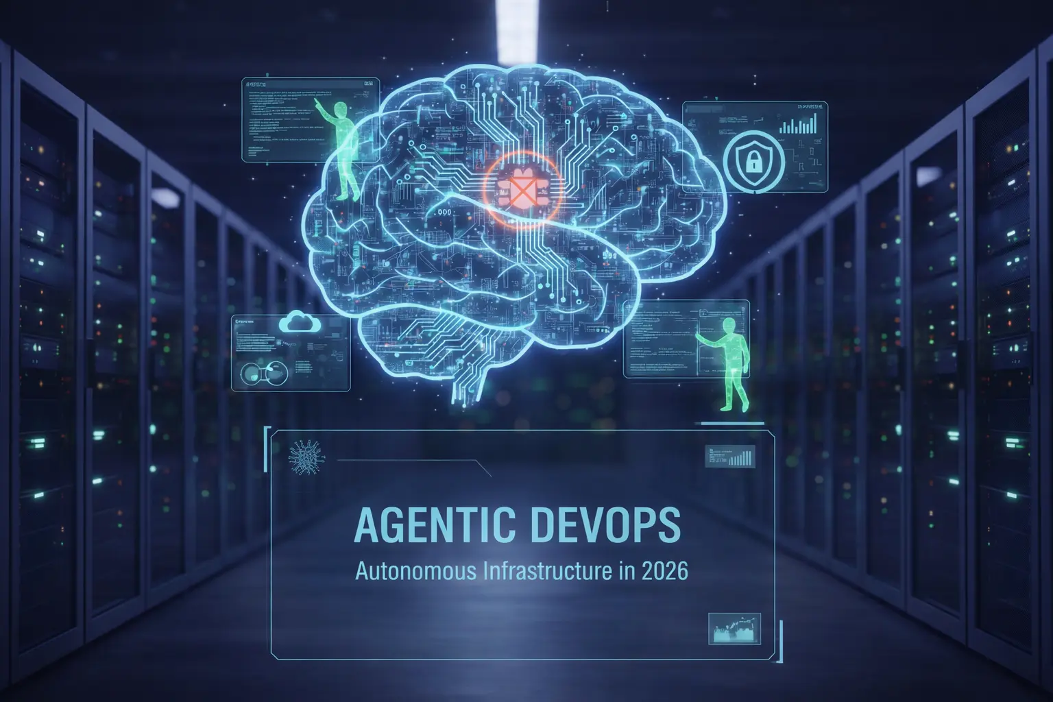 Home 19 Futuristic banner for Unanimous Technologies featuring a holographic neural brain symbolizing Agentic DevOps and autonomous cloud infrastructure in a 2026 data center.