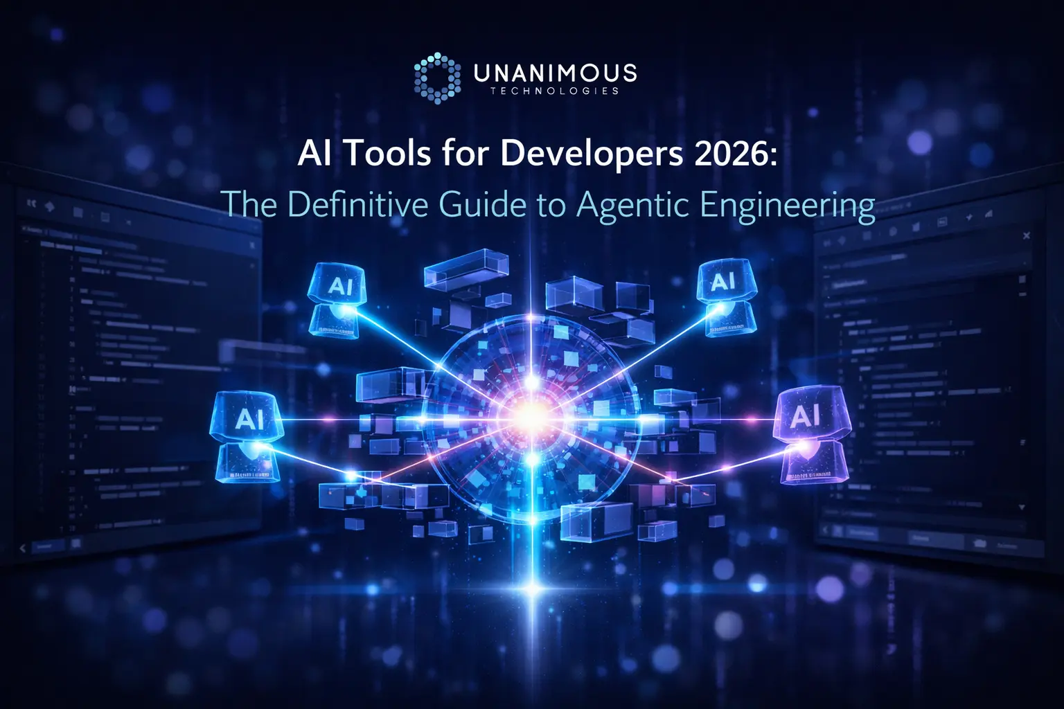Home 19 Futuristic AI developer workspace with glowing agent nodes refactoring code around a central intelligence core, representing AI tools for developers in 2026