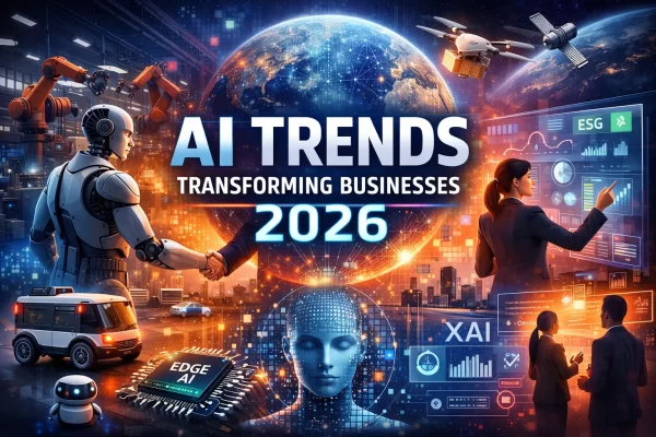 Futuristic illustration showing AI trends transforming businesses in 2026, featuring humanoid robots, autonomous drones, Edge AI chips, data dashboards, and a global digital network representing agentic AI, robotics, hyper-personalization, and enterprise AI integration.