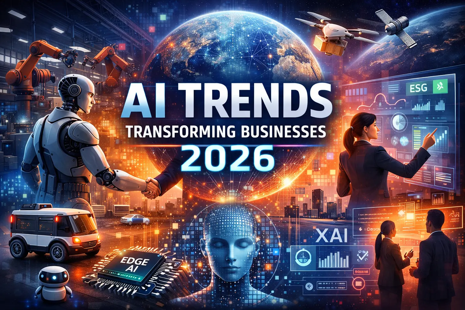 Futuristic illustration showing AI trends transforming businesses in 2026, featuring humanoid robots, autonomous drones, Edge AI chips, data dashboards, and a global digital network representing agentic AI, robotics, hyper-personalization, and enterprise AI integration.