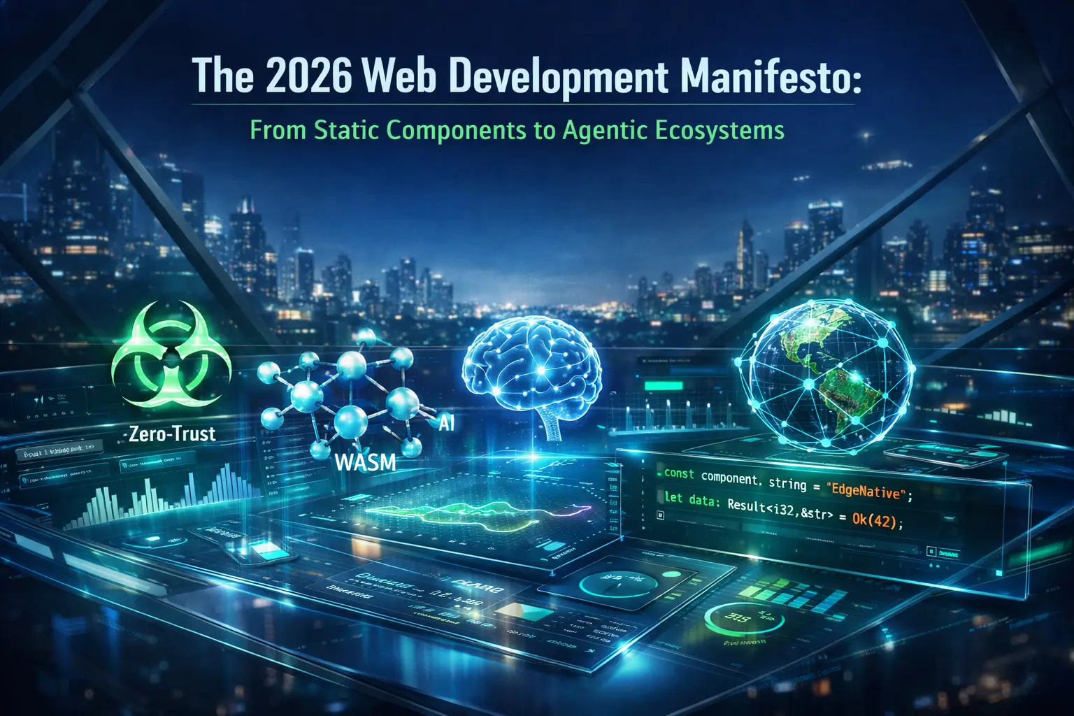Home 19 The 2026 Web Development Manifesto futuristic interface showing agentic UI, WebAssembly components, AI systems, and edge-native architecture