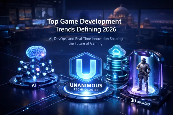 A glowing 3D isometric diagram illustrating the key Game Development Trends 2026, showing interconnected modules for AI-NPCs, DevOps infrastructure, and Cloud-Native rendering, built by Unanimous Technologies.