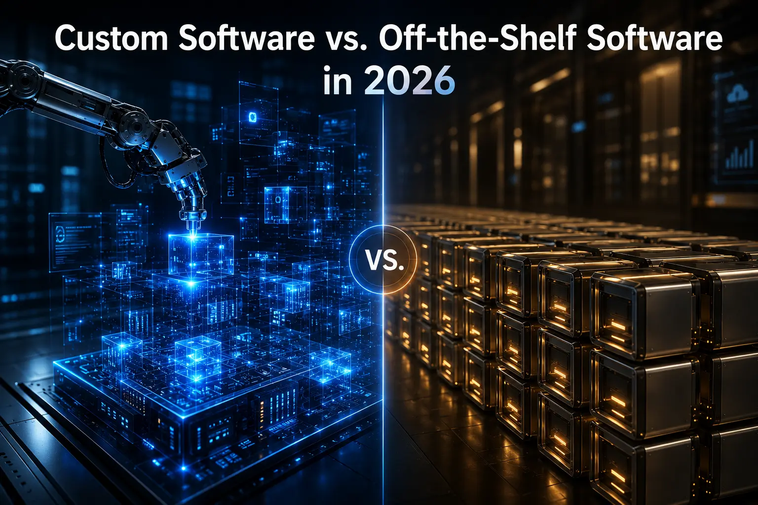 Home 18 Custom Software vs. Off-the-Shelf Software in 2026 — a cinematic split-screen corporate technology illustration showing a glowing blue holographic custom software system being assembled by a robotic arm on the left, contrasted with rows of identical amber-colored modular software units representing off-the-shelf software on the right, set inside a futuristic enterprise tech environment.