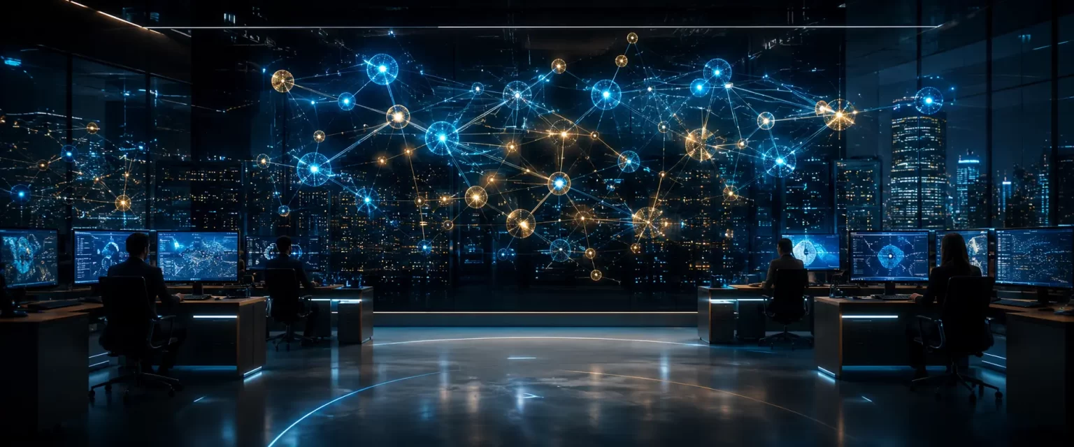 AI Business Automation in 2026 1 A glowing blue and gold neural network over a modern enterprise command center, representing autonomous AI business automation and agentic workflows.