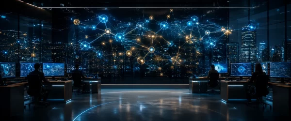 AI Transforms Business Automation A glowing blue and gold neural network over a modern enterprise command center, representing autonomous AI business automation and agentic workflows.