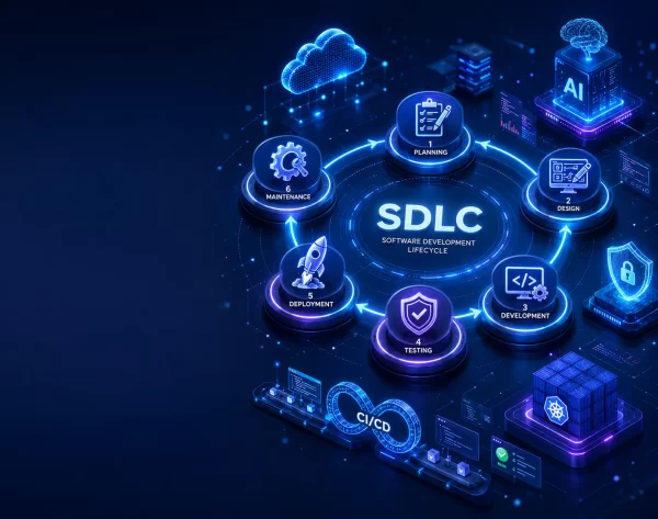 software development lifecycle A modern enterprise technology banner illustrating the Software Development Lifecycle (SDLC). A glowing circular workflow surrounds a central software dashboard, highlighting the stages: Planning, Requirements, Design, Development, Testing, Deployment, Maintenance, and Continuous Improvement. Supporting visuals include cloud computing, AI integration, Kubernetes orchestration, a CI/CD pipeline, cybersecurity protection, and analytics dashboards. The design uses deep navy blue with cyan, white, and subtle purple accents, leaving ample negative space on the right for the title, "Key Stages in the Software Development Lifecycle."