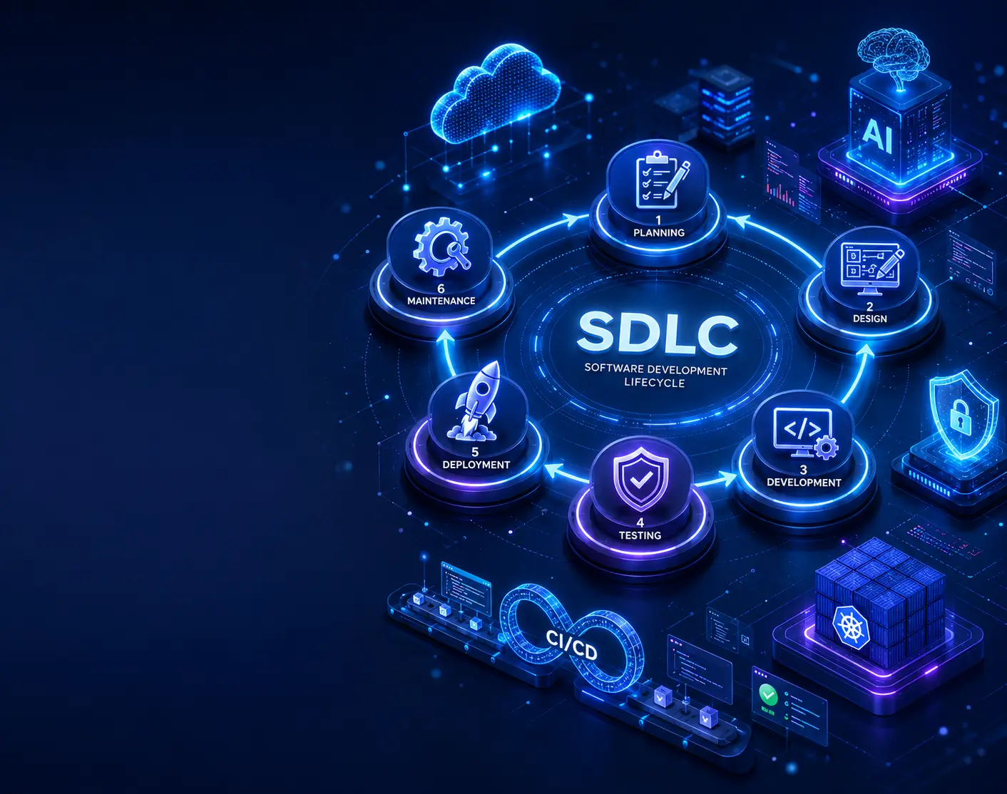 Home 18 A modern enterprise technology banner illustrating the Software Development Lifecycle (SDLC). A glowing circular workflow surrounds a central software dashboard, highlighting the stages: Planning, Requirements, Design, Development, Testing, Deployment, Maintenance, and Continuous Improvement. Supporting visuals include cloud computing, AI integration, Kubernetes orchestration, a CI/CD pipeline, cybersecurity protection, and analytics dashboards. The design uses deep navy blue with cyan, white, and subtle purple accents, leaving ample negative space on the right for the title, "Key Stages in the Software Development Lifecycle."